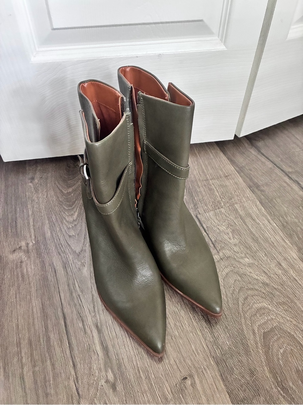 Olive Green Pointed Toe Ankle Booties with Side Zip leather
